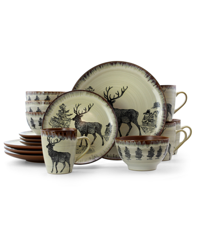 Elama Wild Nature 16 Piece Luxurious Stoneware Dinnerware, Service For 4 In Taupe With Elk Decal