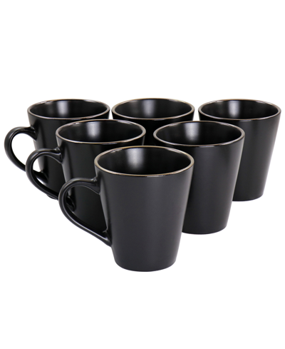 Elama Gold-tone Trim Mateo 6 Piece Stoneware Mug Set, Service For 6 In Matte Black With Gold Rim