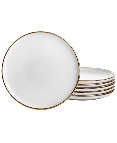 Elama Flat, Raised Rim, Gold-tone Trim Alejandro 6 Piece Stoneware Salad Plate Set, Service For 6 In Matte White With Gold-tone Rim