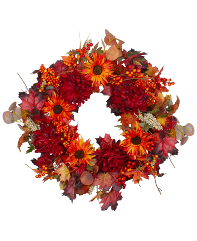 Northlight Leaves And Flowers Fall Harvest Wreath Unlit, 24" In Orange