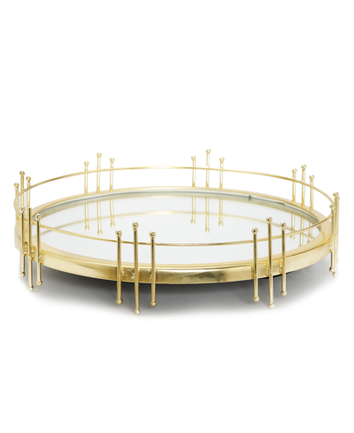 Classic Touch Round Mirror Tray With Symmetrical Design In Gold-tone
