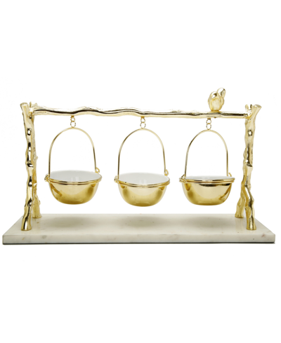 Classic Touch 3 Hanging Bowls On Branch And Bird Stand With Marble Base In Gold-tone