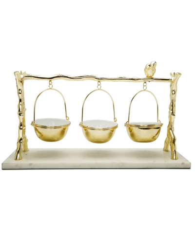 Classic Touch 3 Hanging Bowls On Branch And Bird Stand With Marble Base In Gold