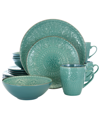 Elama Reactive Glaze Mozaic 16 Piece Luxurious Stoneware Dinnerware Set, Service For 4 In Sea Green And Brown Trim