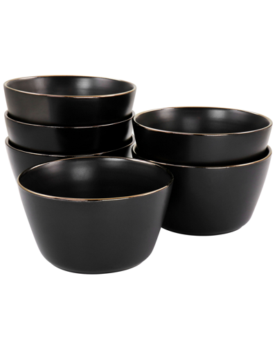Elama Flat, Raised Rim, Gold-tone Trim Mateo 6 Piece Stoneware Bowl Set, Service For 6 In Matte Black With Gold Rim