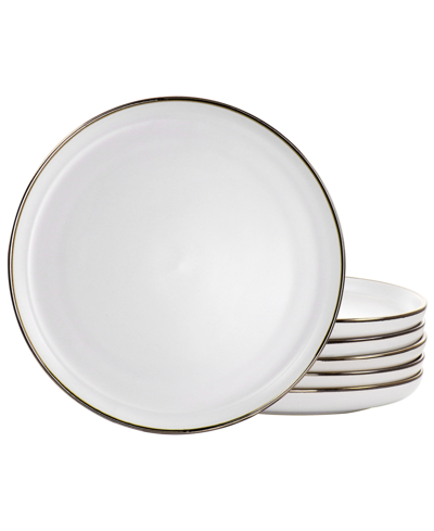 Elama Flat, Raised Rim, Alejandro 6 Piece Stoneware Dinner Plate Set, Service For 6 In Matte White With Gold-tone Rim