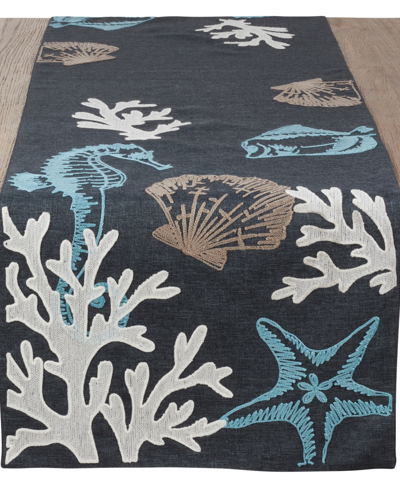 Saro Lifestyle Table Runner With Sea Design, 108" X 16" In Navy