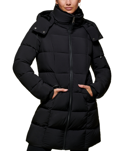 Dkny Petite Faux-leather-trim Hooded Puffer Coat In Black