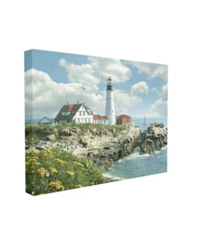 Stupell Industries Portland Head Lighthouse Scene Grassy Ocean Side Peninsula With Sail Boat Stretched Canvas Wall Art  In Multi-color