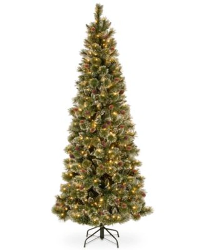 National Tree Company 7.5 Glittery Bristle Slim Pine Hinged Christmas Tree With White Tipped Cones 500 Clear Lights In Green