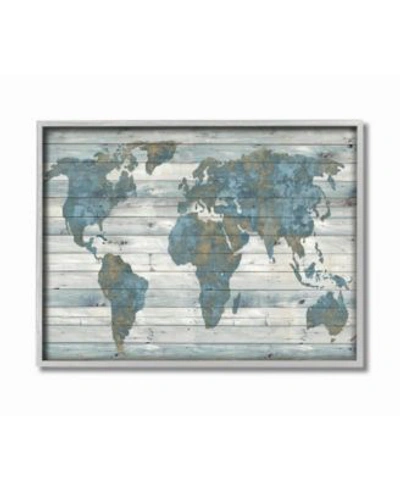 Stupell Industries Slate Blue Tan Rustic Planked Look Weathered World Map Gray Framed Texturized Art Collection In Multi