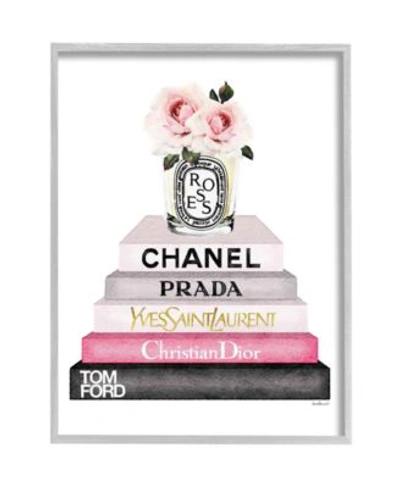 Stupell Industries Book Stack Fashion Candle Pink Rose Gray Farmhouse Rustic Framed Giclee Texturized Art Collection By In Multi-color