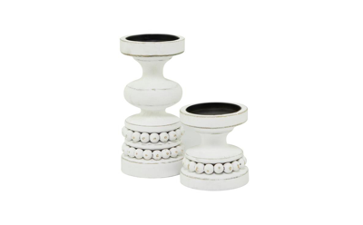 Rosemary Lane Wood Traditional 2 Piece Beaded Candle Holder Set In White