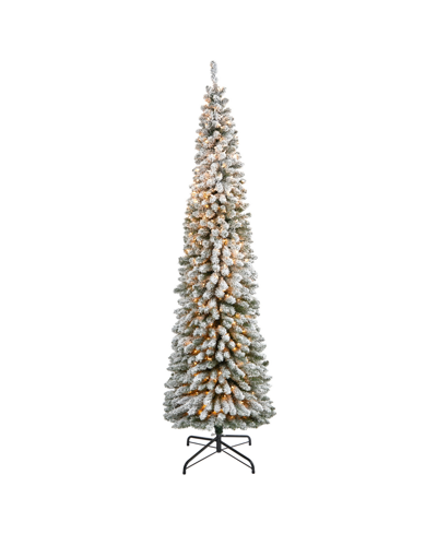 Nearly Natural Flocked Pencil Artificial Christmas Tree With Lights And Bendable Branches, 96" In White