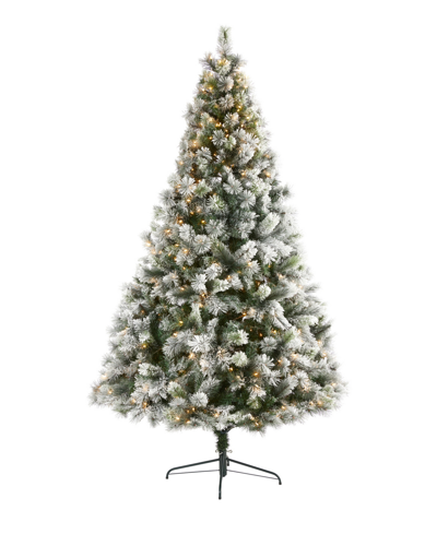 Nearly Natural Flocked Oregon Pine Artificial Christmas Tree With Lights And Bendable Branches, 96" In Green