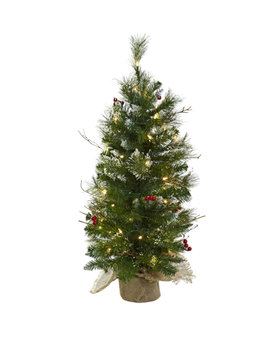 Nearly Natural 3-ft. Christmas Tree With Clear Lights Berries And Burlap Bag In Green