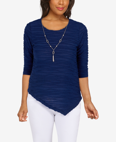 Alfred Dunner Petite Size Classics Solid Texture Top With Detachable Necklace In Navy