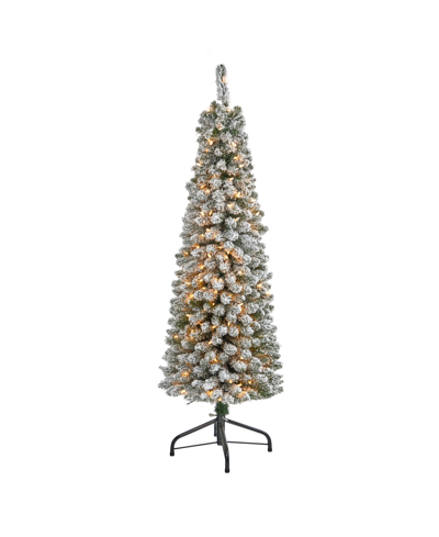 Nearly Natural Flocked Pencil Artificial Christmas Tree With Lights And Bendable Branches, 60" In White