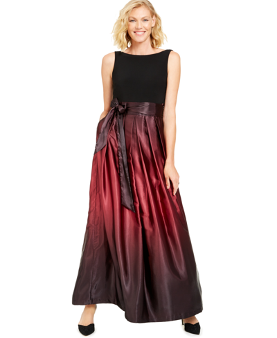 Sl Fashions Ombre Satin Bow Sash Gown In Black,fig Red