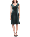 London Times Petite Velvet V-neck Shirred-shoulder Dress In Green