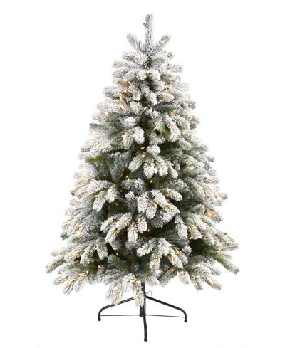 Nearly Natural Flocked South Carolina Spruce Artificial Christmas Tree With Lights And Bendable Branches, 60" In Green