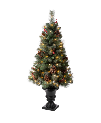 Glitzhome Flocked Christmas Tree With 100 Warm White Light, Pinecone And Berries Set Of 2 In Green