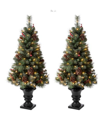 Glitzhome Flocked Christmas Tree With 100 Warm White Light, Pinecone And Berries Set Of 2 In Green