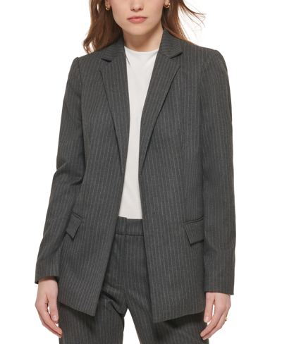 Calvin Klein Petite Long-sleeve One-button Pinstripe Blazer In  Charcoal/white Multi | ModeSens