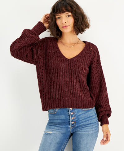 Crave Fame Juniors' Chenille Pointelle Sweater In Wine