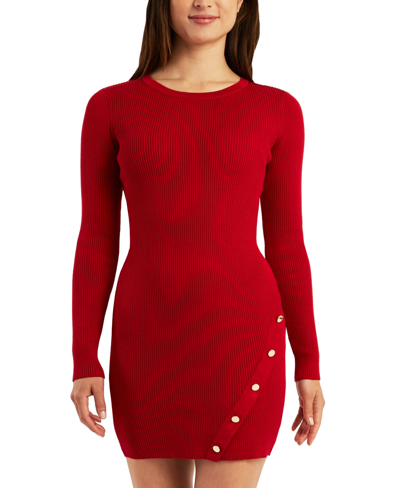 Bcx Juniors' Asymmetrical Button Bodycon Sweater Dress In Red