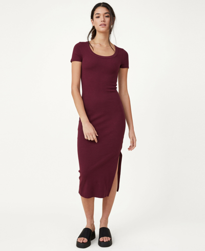 Cotton On Women's Rib Short Sleeve Split Midi Dress In Purple Brown