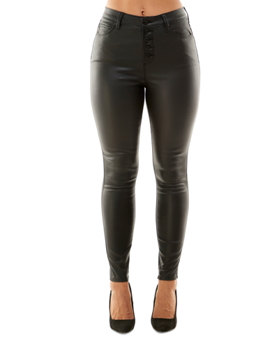 Almost Famous Crave Fame Juniors' Faux-leather Exposed-button High-rise Skinny Jeans In Black