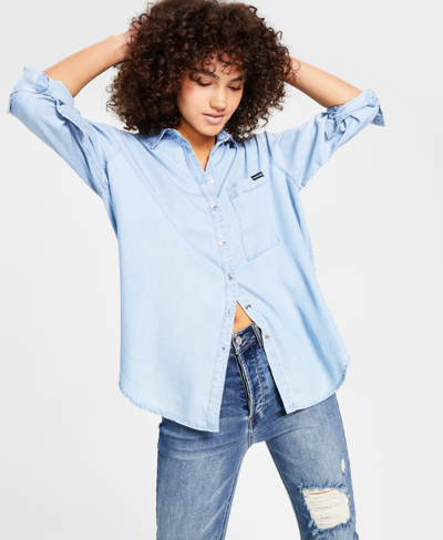 Calvin Klein Jeans Est.1978 Long Sleeve Boyfriend Fit Button-up Shirt In Chambray Blue
