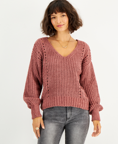 Crave Fame Juniors' Chenille Pointelle Sweater In New Maroon