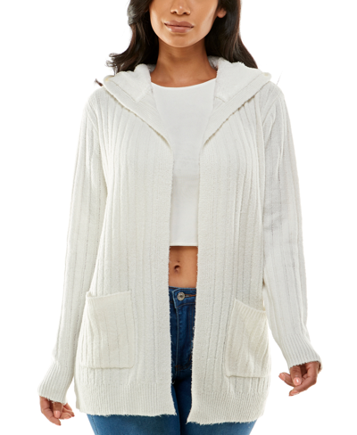 Crave Fame Juniors' Cozy Knit Sherpa Trim Cardigan In Ivory
