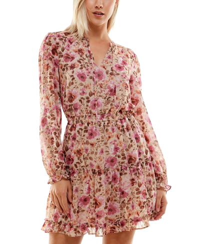 Crystal Doll Juniors' Printed Long-sleeve Fit & Flare Dress In Taupe Fuschia