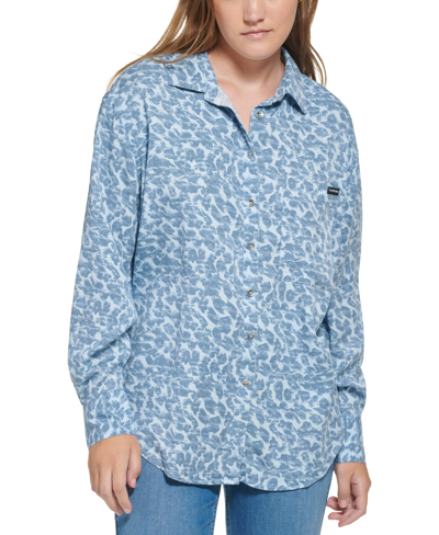 Calvin Klein Jeans Est.1978 Women's Long Sleeve Animal-print Boyfriend Shirt In Blue