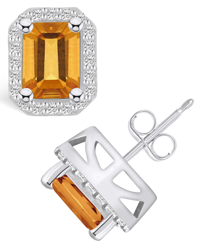 Macy's Citrine (3-1/5 Ct. T.w.) And Diamond (3/8 Ct. T.w.) Halo Stud Earrings In 14k White Gold