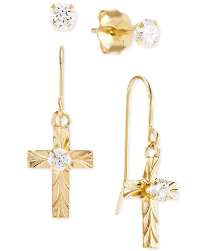 Macy's 2-pc. Set Cubic Zirconia Solitaire Stud Earrings & Cross Drop Earrings In 10k Gold