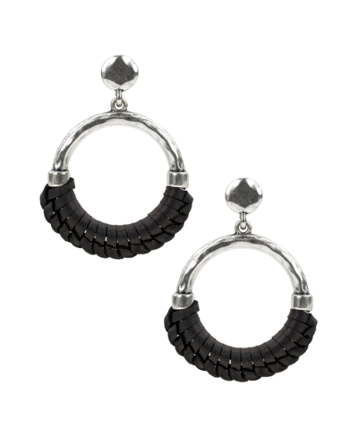 Patricia Nash Silver-tone Leather-wrapped Doorknocker Drop Earrings In Black/silver Ox