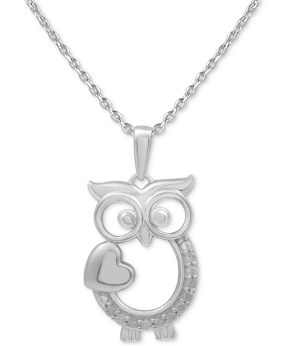 Macy's Diamond Owl Heart 18" Pendant Necklace (1/10 Ct. T.w.) In Sterling Silver Or Sterling Silver & 14k G