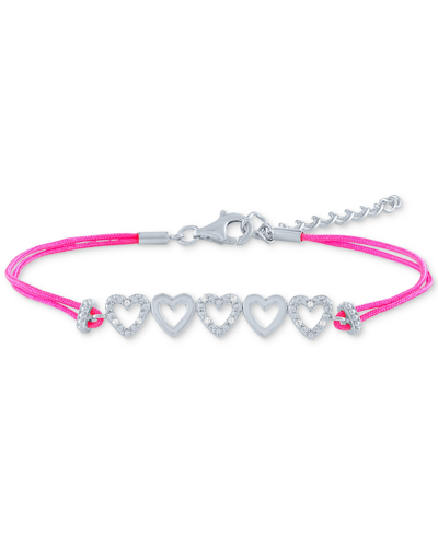 Macy's Diamond Accent Multi-heart Pink Cord Bracelet In Sterling Silver