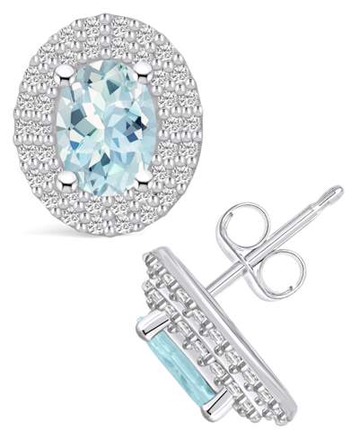 Macy's Aquamarine (1-3/8 Ct. T.w.) And Diamond (1/2 Ct. T.w.) Halo Stud Earrings In 14k White Gold