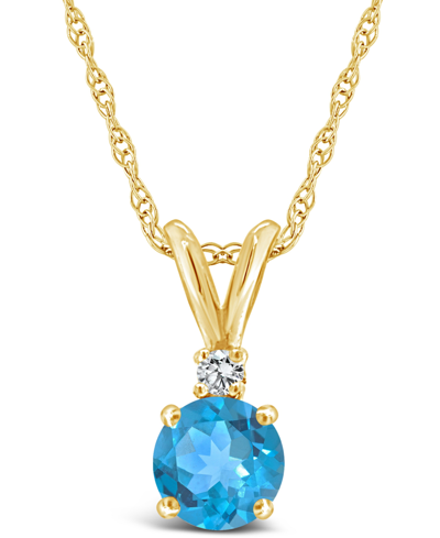 Macy's Blue Topaz (1 Ct.t.w) And Diamond Accent Pendant Necklace In 14k Yellow Gold