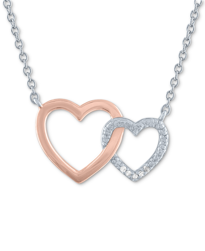 Macy's Diamond Accent Double Heart Pendant Necklace In Sterling Silver & 14k Rose Gold-plate, 16" + 2" Exte
