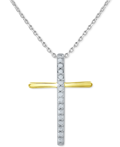 Macy's Diamond Cross 18" Pendant Necklace (1/10 Ct. T.w.) In Sterling Silver Or Sterling Silver & 14k Gold- In Two-tone