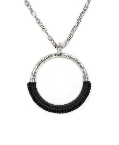 Patricia Nash Silver-tone Leather-wrapped Ring Long Pendant Necklace, 30" + 2" Extender In Black/silver Ox