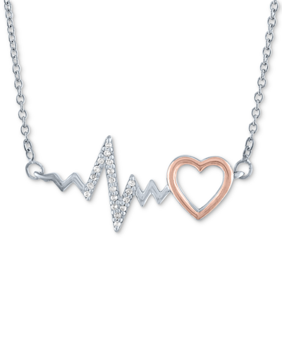 Macy's Diamond Accent Heartbeat Heart Pendant Necklace In Sterling Silver & 14k Rose Gold-plate, 16" + 2" E In Two Tone