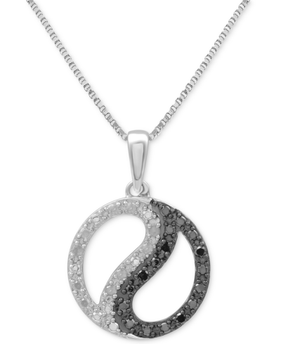 Macy's Black Diamond (1/10 Ct. T.w.) & White Diamond (1/10 Ct. T.w.) Yin Yang 18" Pendant Necklace In Sterl In Sterling Silver