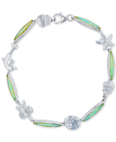 Macy's Lab-created Opal Nautical Theme Link Bracelet In Sterling Silver In Created Blue Opal